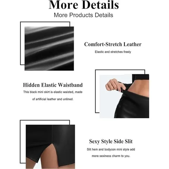 Black Leather Waisted High Side Slit Bodycon Mini Skirt, Large, 7F-184B002 - Picture 5 of 5